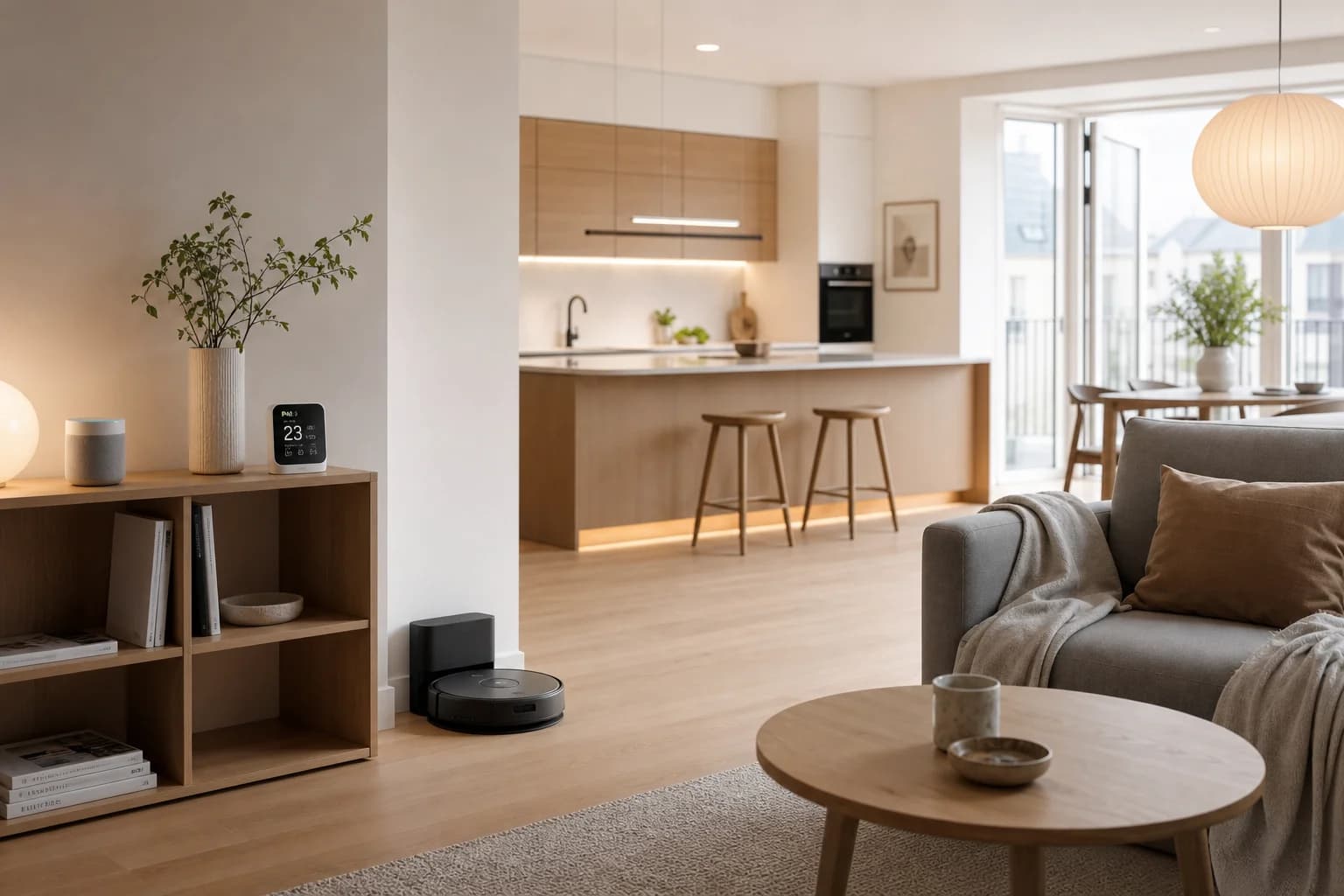 Bright modern apartment with calm smart-home details